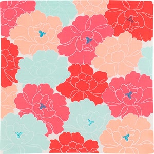 May include: A white background with a repeating pattern of pink, red, and blue peonies. The peonies are stylized and have a graphic design.