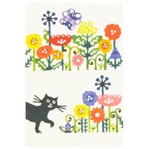 Carte postale kata kata - Fleur et chat noir