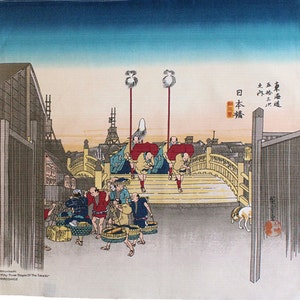 19&quot; Furoshiki Ukiyoe Nihonbashi Utagawa Hiroshige Beige