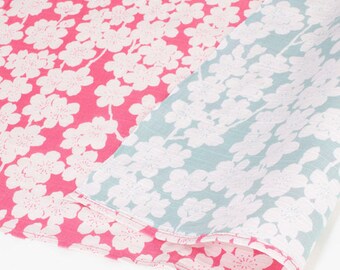 Puede incluir: Primer plano de dos muestras de tela con un patrón floral. La muestra superior es una tela azul claro con flores blancas. La muestra inferior es una tela rosa con flores blancas.