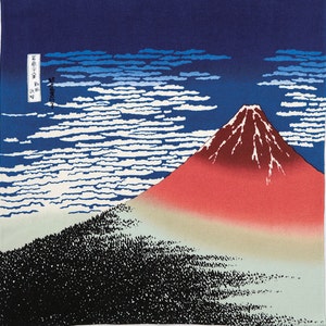 27&quot; Furoshiki Chirimen Ukiyoe Red Fuji Hokusai Katsushika Navy