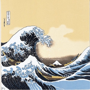 27&quot; Furoshiki Chirimen Ukiyoe The Great Wave Hokusai Katsushika Beige