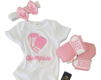 Adorable Baby Girl Boxing Set: Personalized Bodysuit, Gloves, and Headband