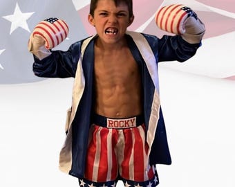 Rocky Balboa Adult Boxing Set | Halloween Personalized Robe, Shorts & Gloves | Individual Pieces or Combo | Youth Boxer Outfit | USA Costume