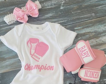 Baby Girl Boxing Set: Personalized Bodysuit, Gloves, and Headband