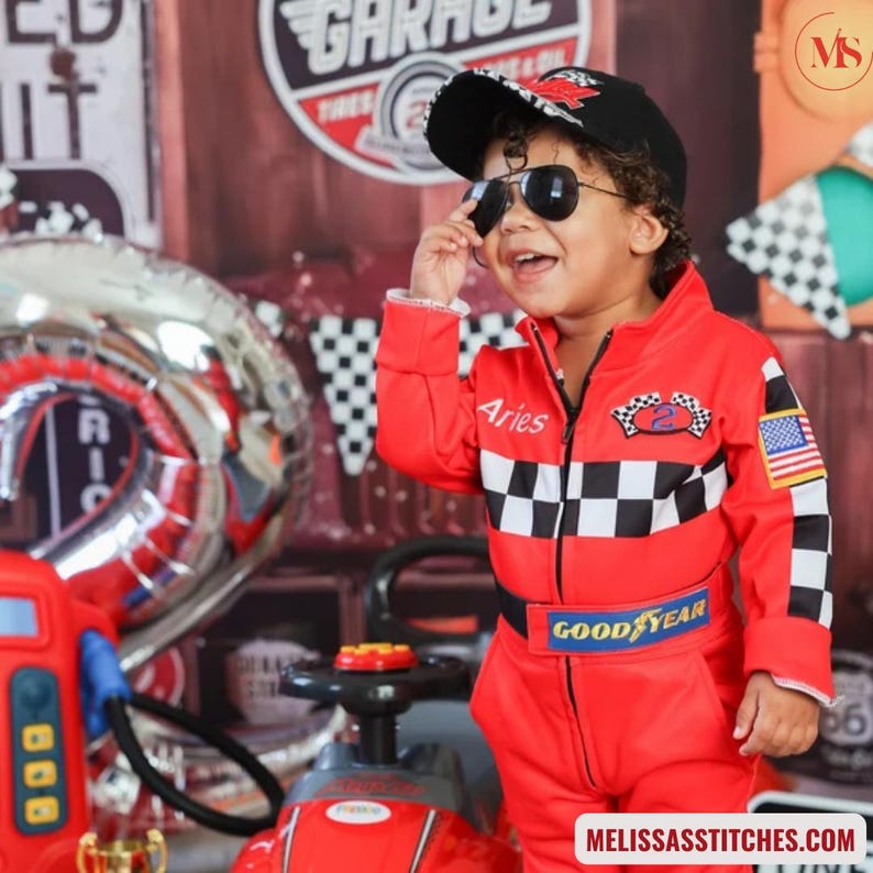 Kinder Rennanzug Kostüm - Baby Fahrer Rennanzug, personalisierte Piloten Overalls mit gesticktem Namen, Kleinkind Car Racer Outfit Bild 3