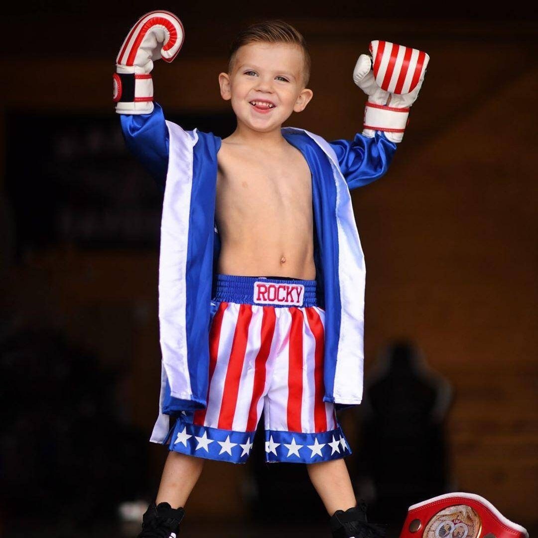 Kids Boxing Fighter Set: Robe, Shorts, Gloves sizes 2T, 3T, 4T, 5T 