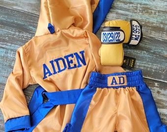 Customized Baby Boxing Set: Robe, Personalized Shorts, and Wearable Gloves