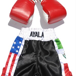 May include: Red and white boxing gloves with the name "BABY AYALA" on them, and black boxing shorts with the name "AYALA" on the waistband. The shorts have an American flag on one side and a Mexican flag on the other.