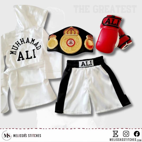 "Personalisiertes Baby & Kinder Box-Legends-Set ""Muhammad Ali" Edition - Knockout Kostüm mit individueller Robe, Handschuhen und Shorts."