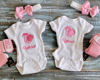 Knockout Twins Baby Boxing Set: Bodysuits, Personalized Gloves, and Adorable Headbands!