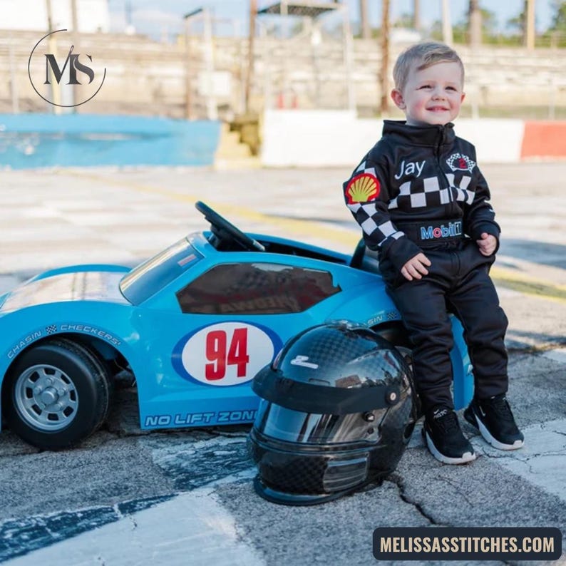 Kinder Rennanzug Kostüm - Baby Fahrer Rennanzug, personalisierte Piloten Overalls mit gesticktem Namen, Kleinkind Car Racer Outfit Bild 5