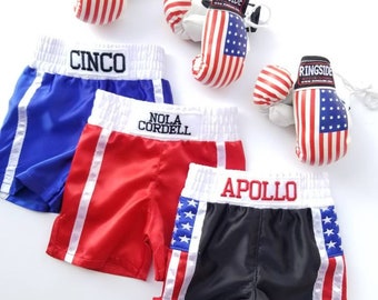 Tiny Champion: Newborn Baby Boxing Shorts Personalized with Mini USA prop Gloves