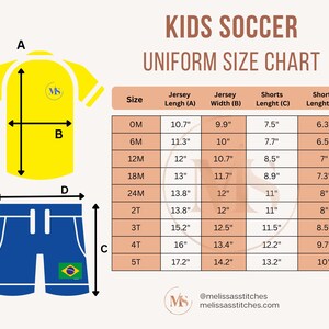 May include: A yellow and blue kids' soccer uniform size chart. The chart includes jersey and shorts measurements in inches for sizes ranging from 0M to 5T. The jersey is yellow with white accents, and the shorts are blue with a Brazilian flag.