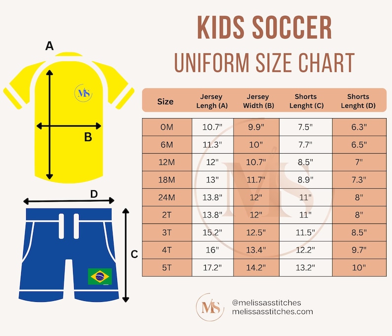 May include: A yellow and blue kids' soccer uniform size chart. The chart includes jersey and shorts measurements in inches for sizes ranging from 0M to 5T. The jersey is yellow with white accents, and the shorts are blue with a Brazilian flag.