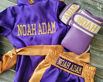 Champion-Ready Baby Boxing Set: Personalized Robe, Custom Shorts, and Wearable Gloves