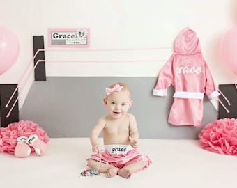 Personalized Baby Girl's Pink Boxing Set: Robe, Shorts, and Gloves!