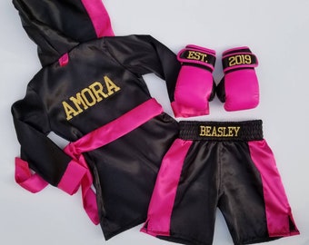 Adorable Baby Girl Boxing Set: Personalized Robe, Shorts, Gloves, and Headband!