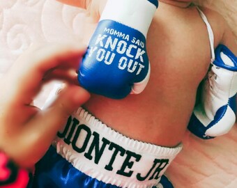 Tiny Champion: Newborn Baby Boxing Shorts Personalized with Mini USA prop Gloves