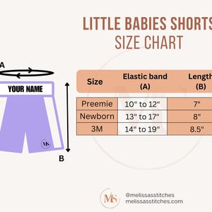 K&ouml;nnte beinhalten: Gr&ouml;&szlig;entabelle f&uuml;r Baby-Shorts mit Ma&szlig;en in Zoll. Die Tabelle zeigt die Gr&ouml;&szlig;e, die Messung des Gummibandes und die L&auml;nge. Die Gr&ouml;&szlig;en sind Fr&uuml;hchen, Neugeborene und 3M.