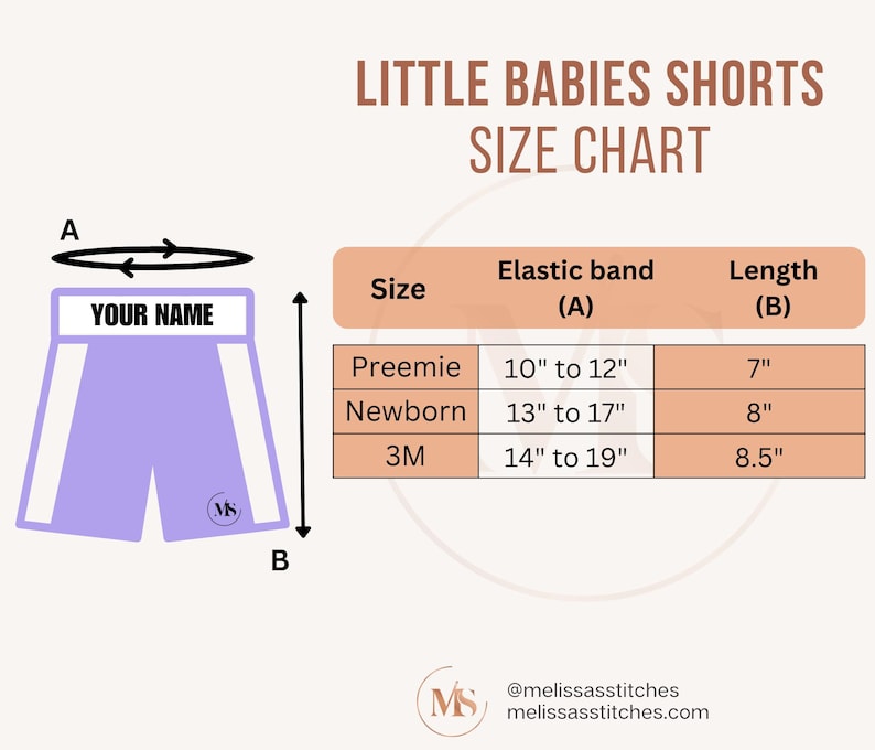 K&ouml;nnte beinhalten: Gr&ouml;&szlig;entabelle f&uuml;r Baby-Shorts mit Ma&szlig;en in Zoll. Die Tabelle zeigt die Gr&ouml;&szlig;e, die Messung des Gummibandes und die L&auml;nge. Die Gr&ouml;&szlig;en sind Fr&uuml;hchen, Neugeborene und 3M.
