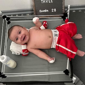 Newborn Knockout Boxing Set: Prop Baby Boxing Ring + Personalized Robe, Shorts and Mini Gloves– Perfect for Baby Photo Shoots