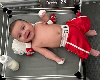 Newborn Knockout Boxing Set: Prop Baby Boxing Ring + Personalized Robe, Shorts and Mini Gloves– Perfect for Baby Photo Shoots