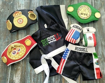 Mexi-USA Baby & Kids Fighter Set: Personalized Robe, Shorts, and Wearable Gloves