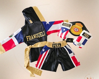 Baby & Kids Personalized Boxing Robe with Sleeve Flag Design, Matching Shorts and Gloves | Custom National Flag Boxing Outfit
