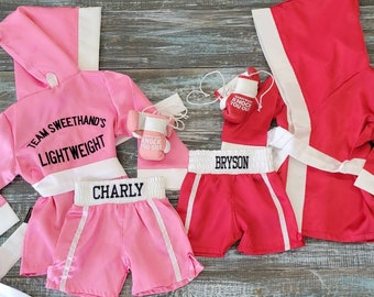 Newborn Twins Knockout: 2 Sets of Baby Boxing Robes, Shorts, Prop Gloves Champ
