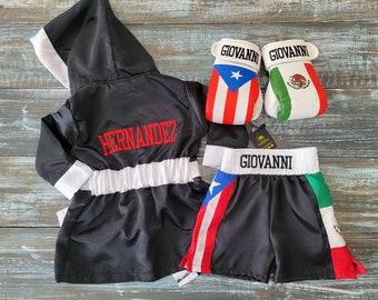 Multinational Baby Boxing Set: ROBE, Personalized Shorts, and Wearable Gloves