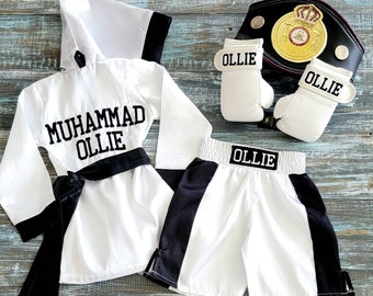 Halloween Baby Boxing Costume: Personalized Robe, Shorts, and Wearable Gloves