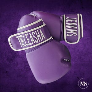 May include: A pair of purple boxing gloves with white trim and personalized names "Jenkins" and "Tieleasha" embroidered on the wrist straps.