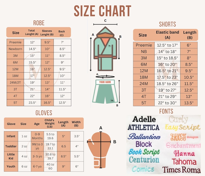 May include: A size chart with measurements for robes, shorts, and gloves. The chart includes sizes from preemie to youth, with measurements in inches and ounces. Font styles are also displayed.