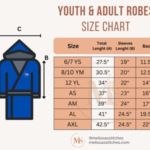 May include: A blue robe with a hood, displayed with a size chart for youth and adult robes. The chart includes measurements for total length, sleeve length, and back length in inches. The text reads "YOUTH & ADULT ROBES SIZE CHART".