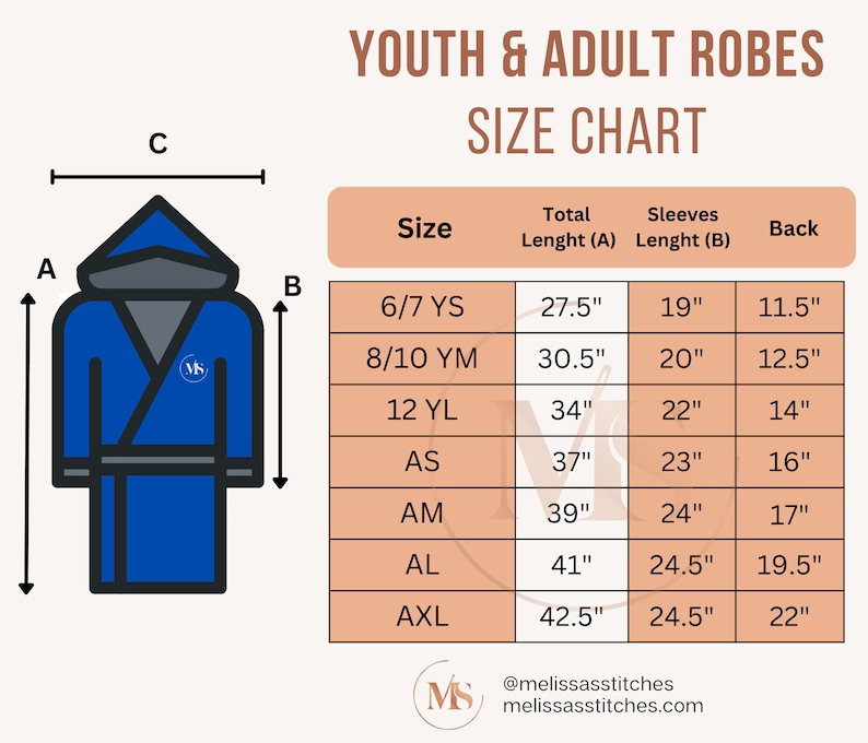 May include: A blue robe with a hood, displayed with a size chart for youth and adult robes. The chart includes measurements for total length, sleeve length, and back length in inches. The text reads "YOUTH & ADULT ROBES SIZE CHART".