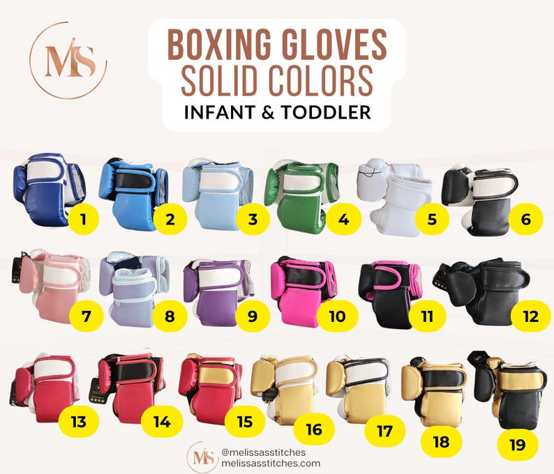 May include: A collection of infant and toddler boxing gloves in various solid colors, including blue, green, pink, and black. The image displays multiple pairs of gloves, each with a unique color combination and design.
