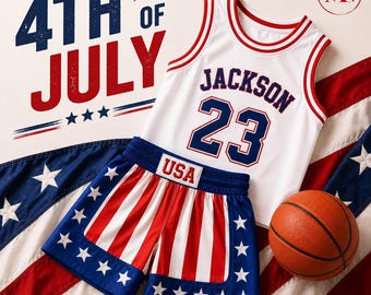 Personalized USA Basketball Jersey Set | 4th of July Baby Outfit | Custom Name & Number | Patriotic Kids Sports Set