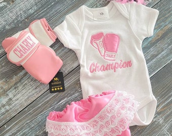 Baby Girl Boxing Champion Set: Bodysuit, Personalized Gloves, Headband, and Shorts