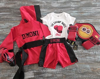 Personalized Complete Baby Boxing Set with Body Suit: Custom Boxing Outfit, Baby Robe Gloves Shorts Set Boxing Outfit for Baby Shower Gift