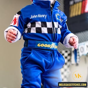 Kids Racing Suit Halloween Costume – Baby Driver Race Suit, Personalized Pilot Coveralls with Embroidered Name, Toddler Car Racer Outfit