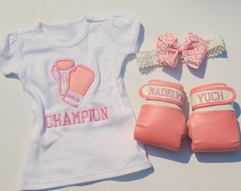 Adorable Baby Girl Boxing Set: Personalized Bodysuit, Gloves, and Headband