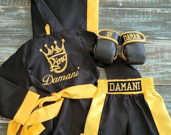 Personalized Baby Boxing Ensemble: Robe, Shorts, and Wearable Gloves