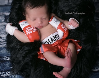 Ready to Ship: 'Champ' Personalized Newborn Boxing Set with Gloves and Shorts