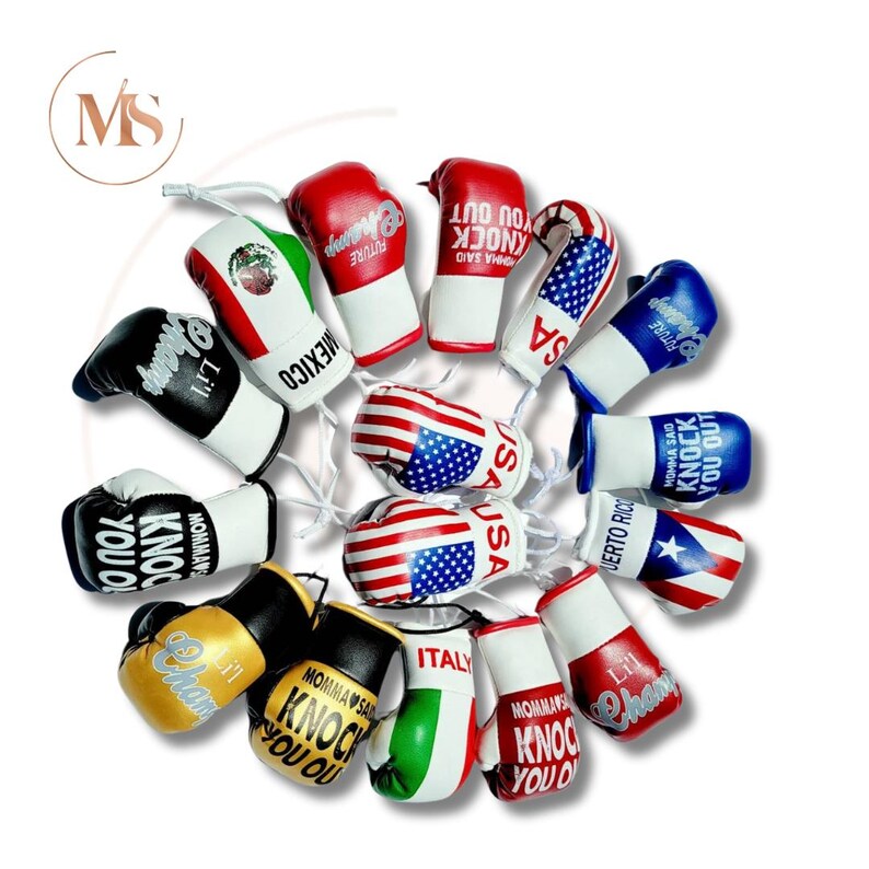 Pu&ograve; includere: Una collezione di mini guantoni da boxe in vari colori e design. Alcuni guantoni presentano bandiere di diversi paesi, tra cui USA, Messico e Italia. Altri guantoni hanno testi come "Knock You Out" e "Champ".