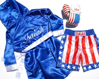 Adorable Baby Halloween Boxing Costume: Personalized Robe, Shorts, and Gloves