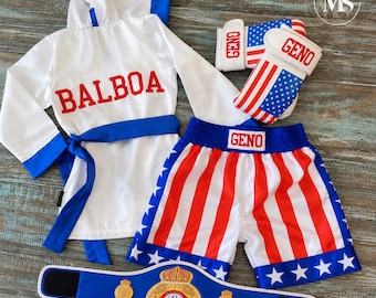 Rocky Inspired Halloween Boxing Costume, Personalized Baby & Kids Boxing Set, Boxer Robe, Shorts and Gloves Custom Fight Night Outfit