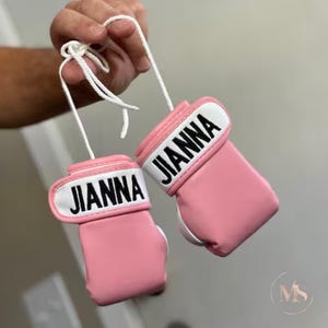 May include: A pair of small pink boxing gloves with the name "JIANNA" printed in black on a white band. The gloves are connected by a white string.