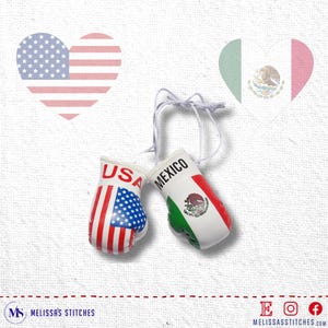 Pu&ograve; includere: Due piccoli guantoni da boxe, uno con la bandiera USA e l'altro con la bandiera messicana, sono appesi a un filo bianco. Grafiche a forma di cuore delle bandiere americana e messicana sullo sfondo. Sfondo bianco.