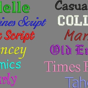 May include: A visual guide to different font styles, including Adelle, Ballantines Script, Book Script, Chancey, Comics, Curly, Casual Sherif, COLLEGE, Market, Old English, Times Roman, and Tahoma.